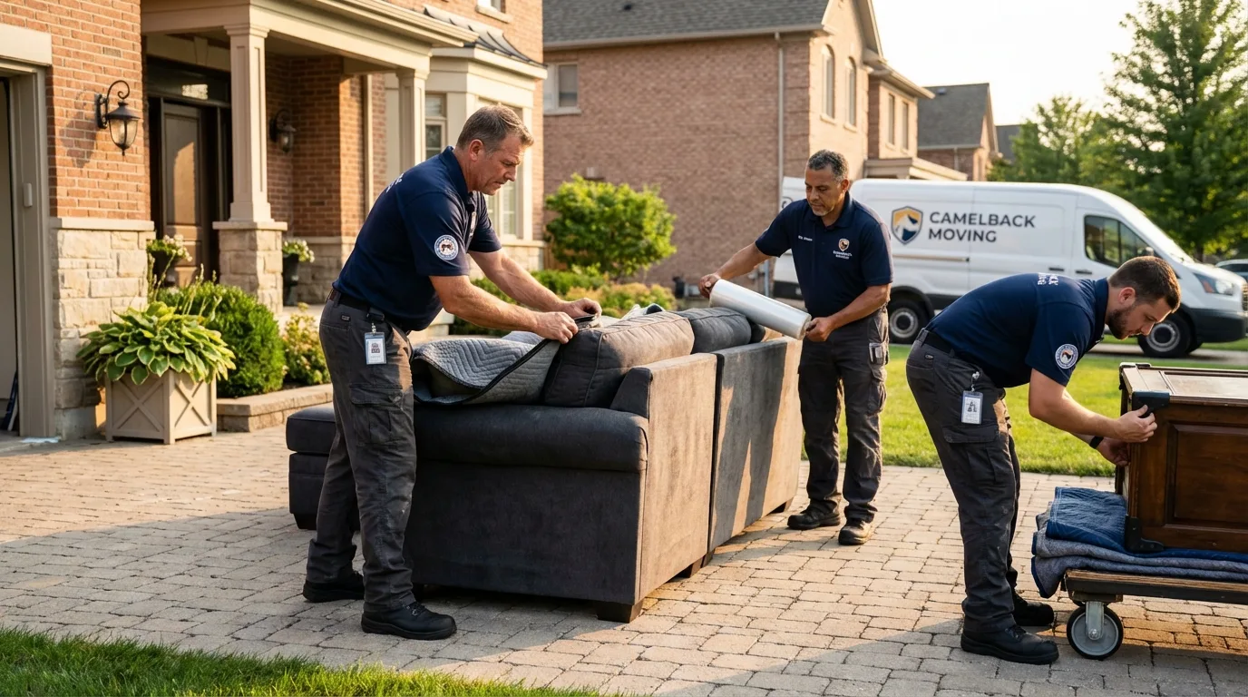 Large estate moving crew wrapping furniture in Utica, NY