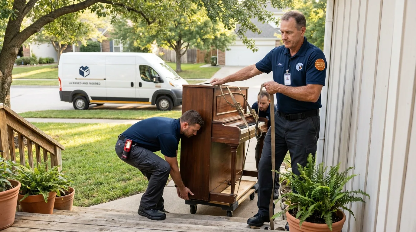 Licensed piano movers securing grand piano in Utica, NY