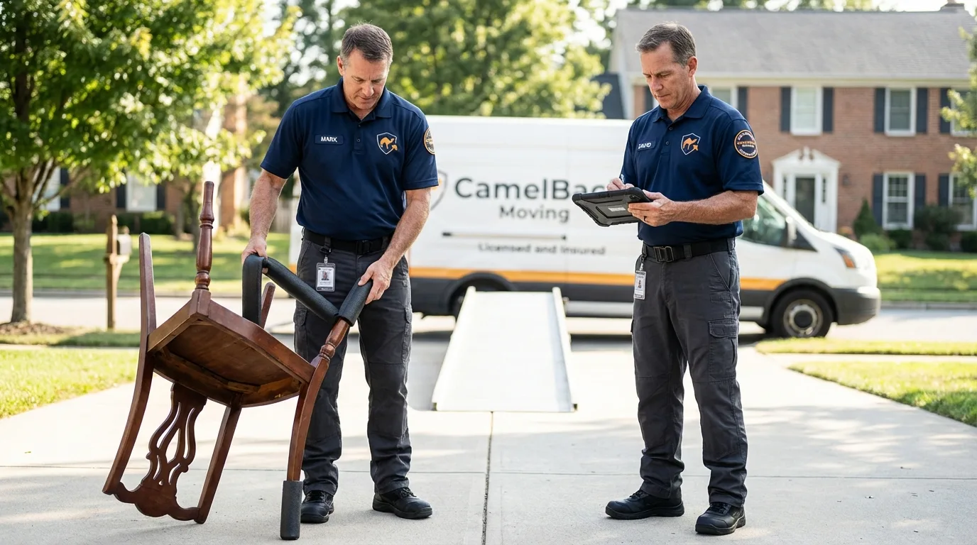 Movers inspecting furniture for damage prevention before loading in Utica, NY