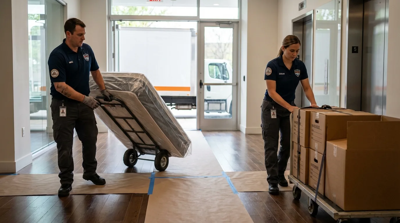 Professional apartment movers loading elevator in Utica, NY
