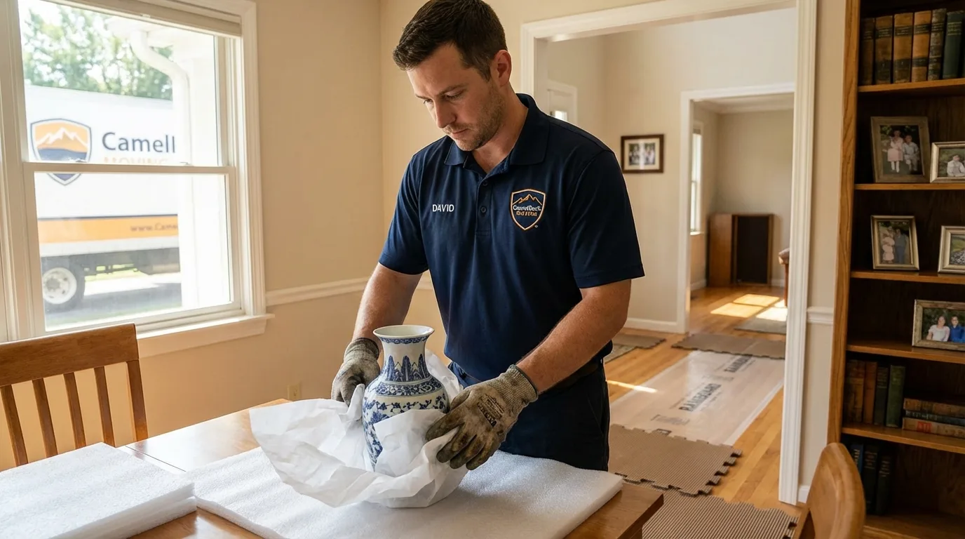 Professional crew carefully wrapping antique vase for senior downsizing move in Utica, NY